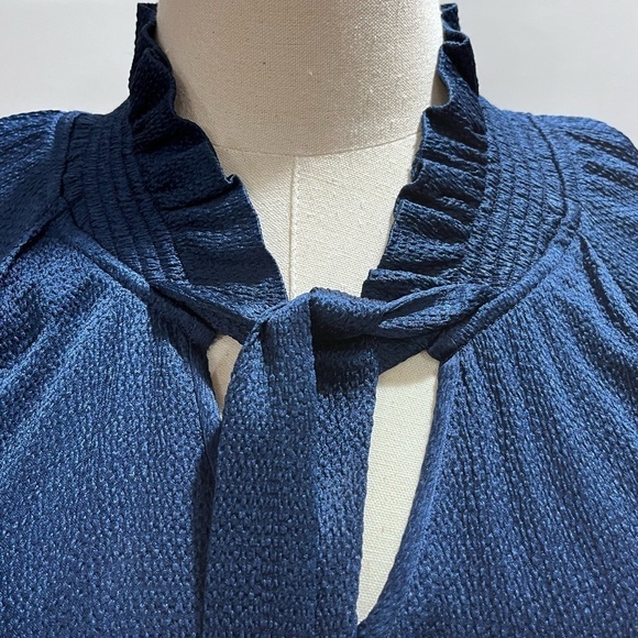 Sandro Paris V-Neck Blue Textured Mini Shift Dress Neck Tie Long Sleeve Sz 36 - Picture 6 of 16